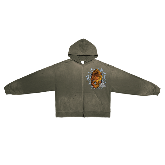 Jaguar Hand-Frayed Washed Zip Up Hoodie